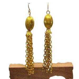 Elongated Fluted Bead Tassel Earrings, Vintage Gold Tone Shoulder Duster Dangles
